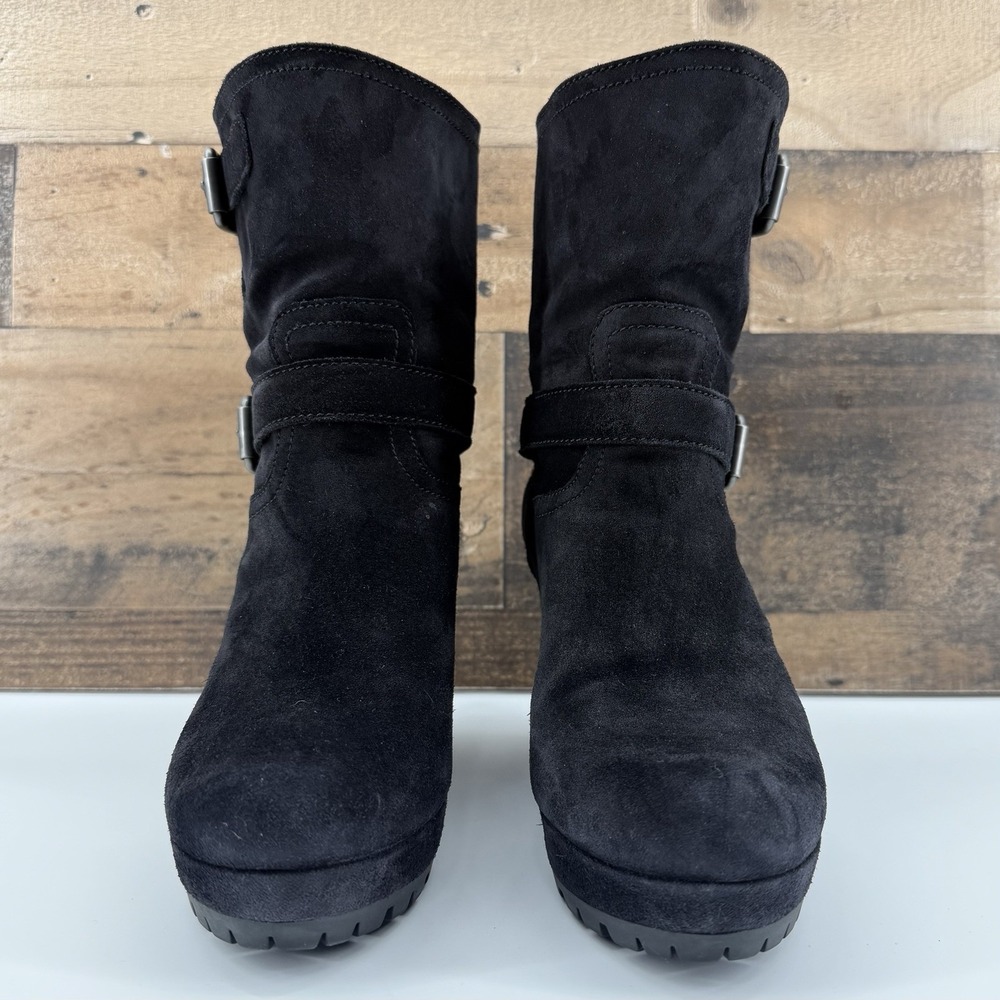 Prada Women's Black Suede Wedge Boots Size 38 (US 7.5-8) Buckle Strap Lug Sole - Picture 4 of 12